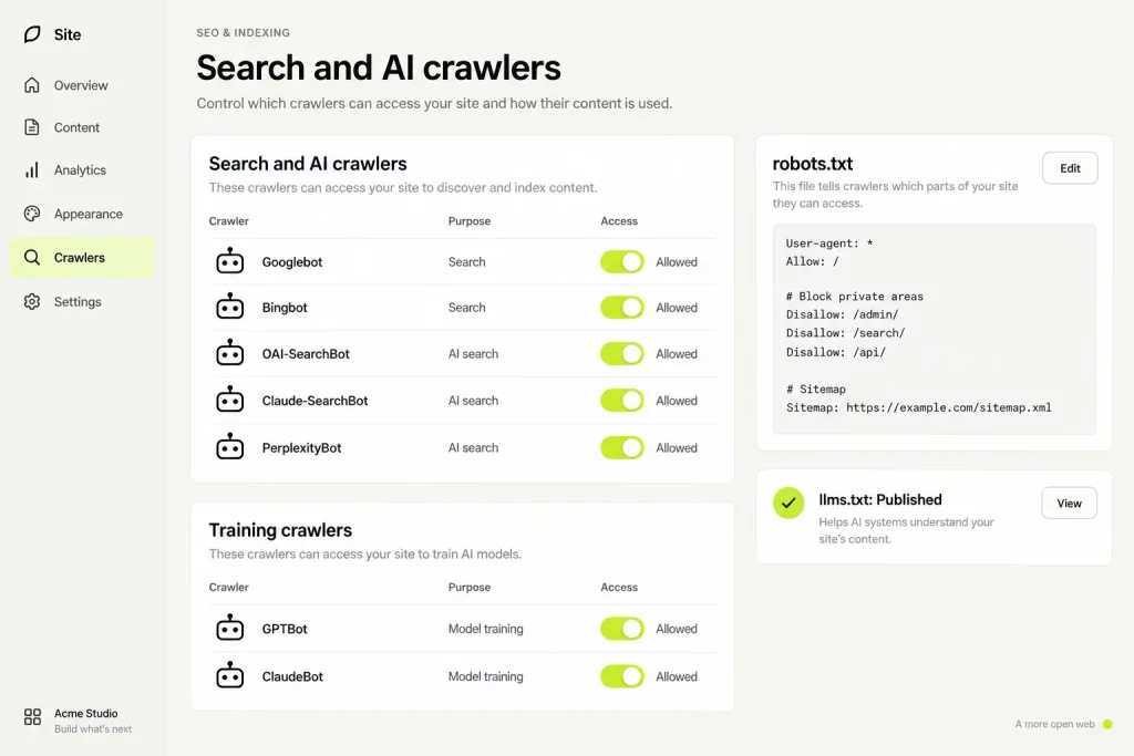A list of search and AI crawlers allowed to read a site