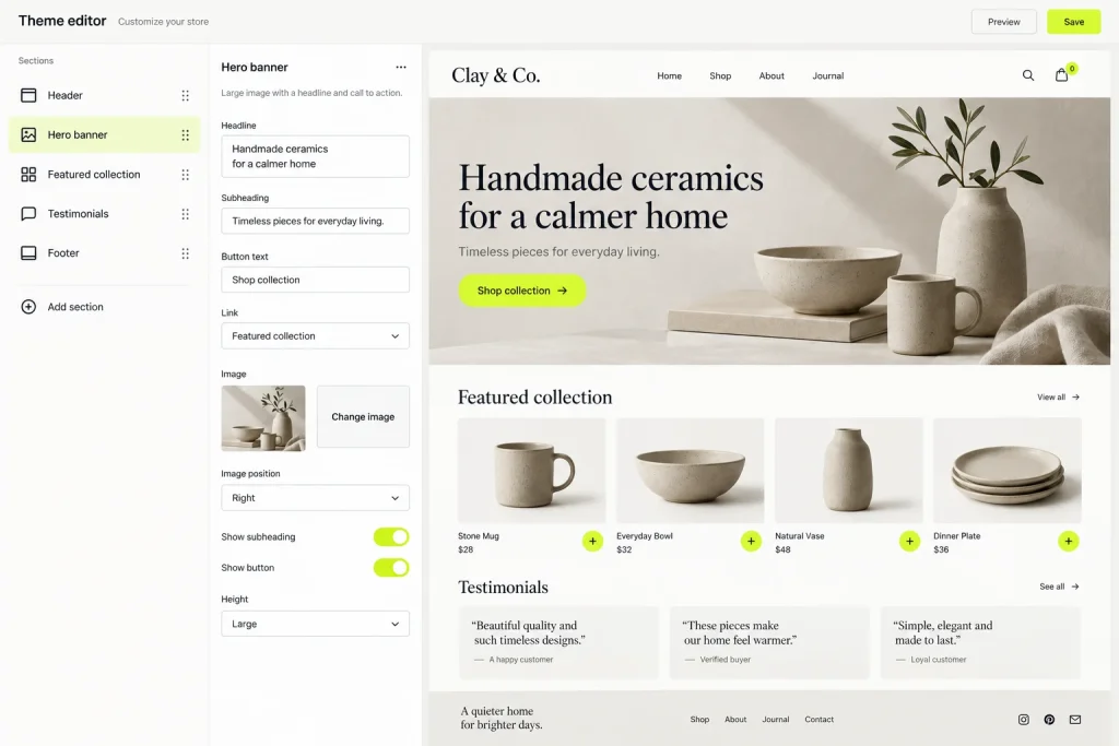 The Shopify theme editor with sections and blocks