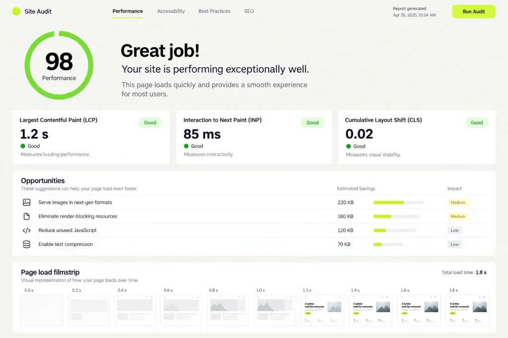 A speed report for a Shopify store