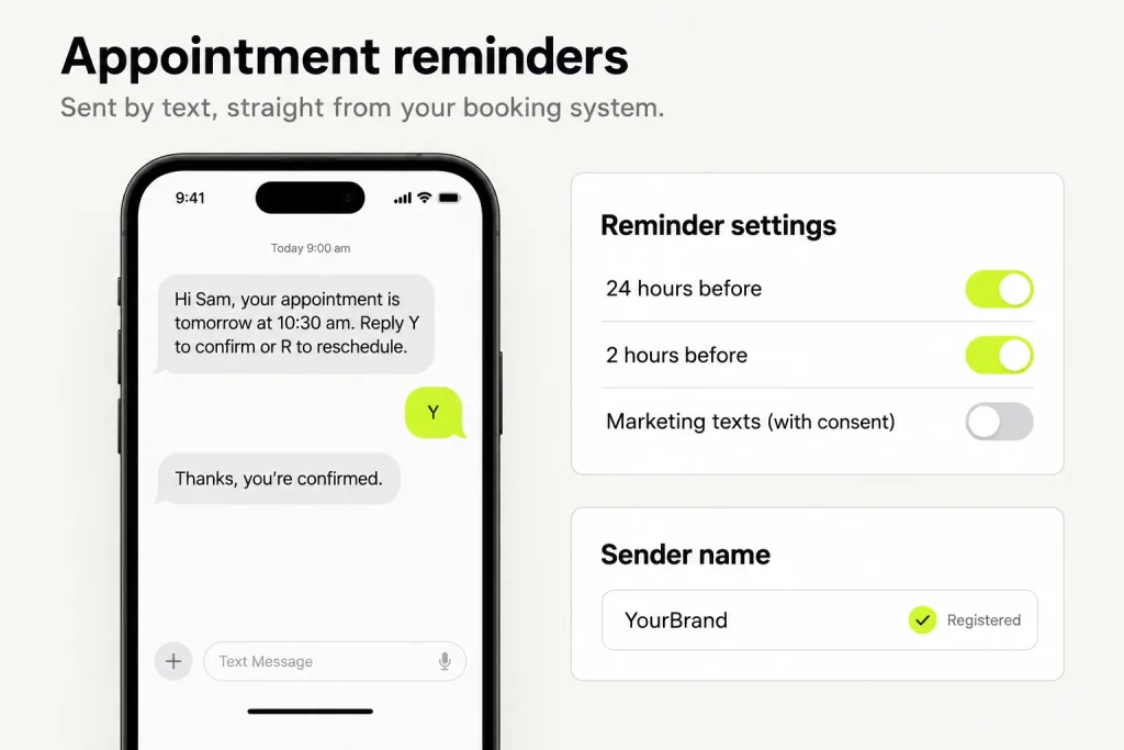 An appointment reminder text on a phone, with reminder settings and a registered sender name