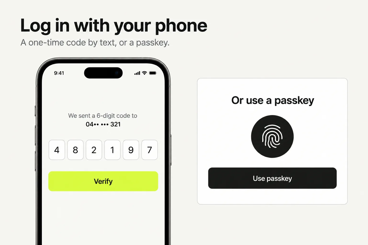 A phone showing a six-digit login code and a Verify button, beside a passkey option