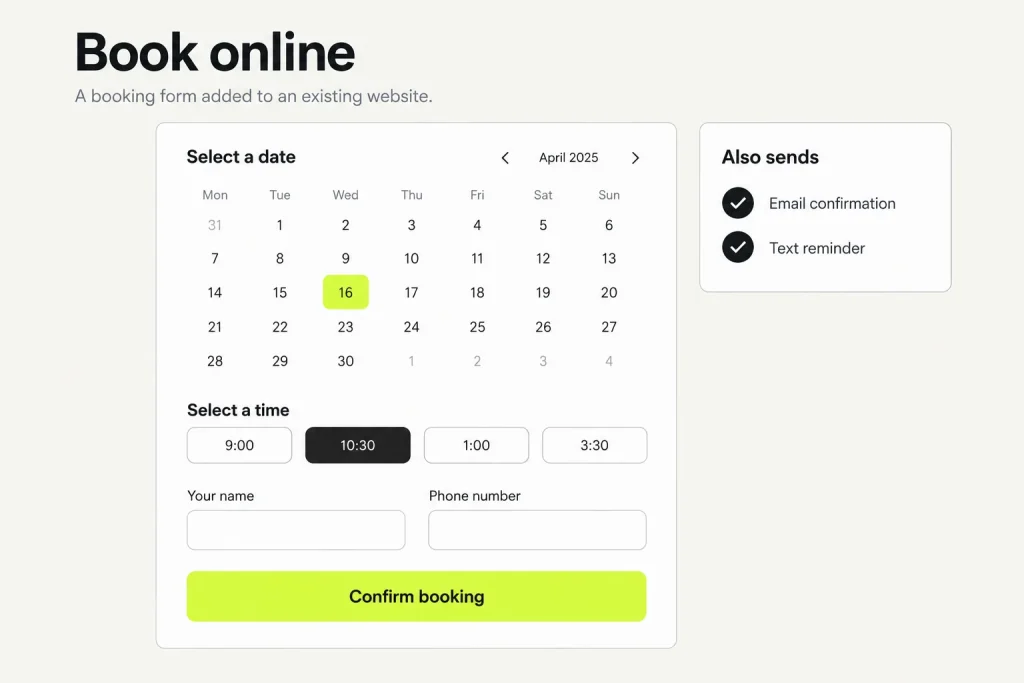 A booking form with a calendar, time slots and a Confirm booking button