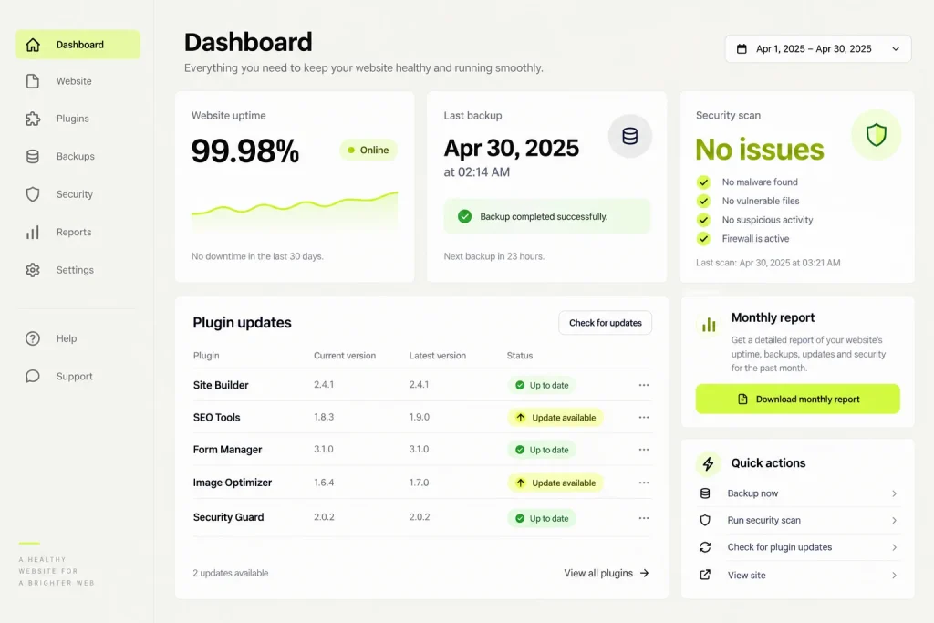 A care plan screen with updates, backups and uptime