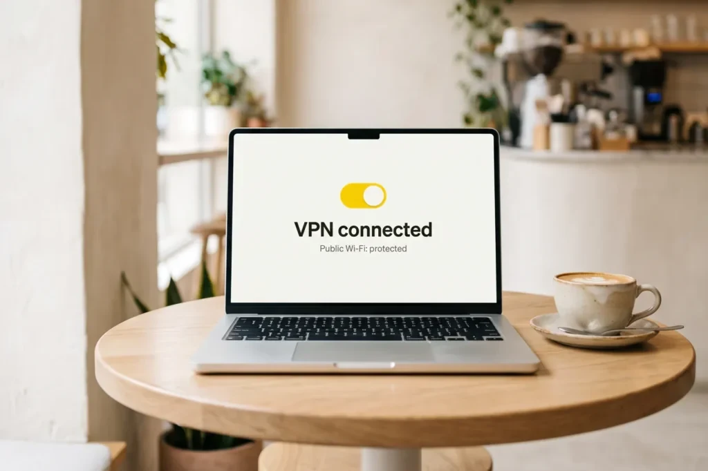 A laptop on a café table showing VPN connected