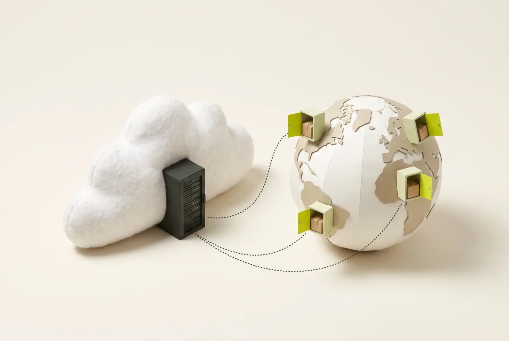A small server cabinet next to a felt cloud, linked by dotted lines to lime lockers on a paper globe, each holding the same parcel