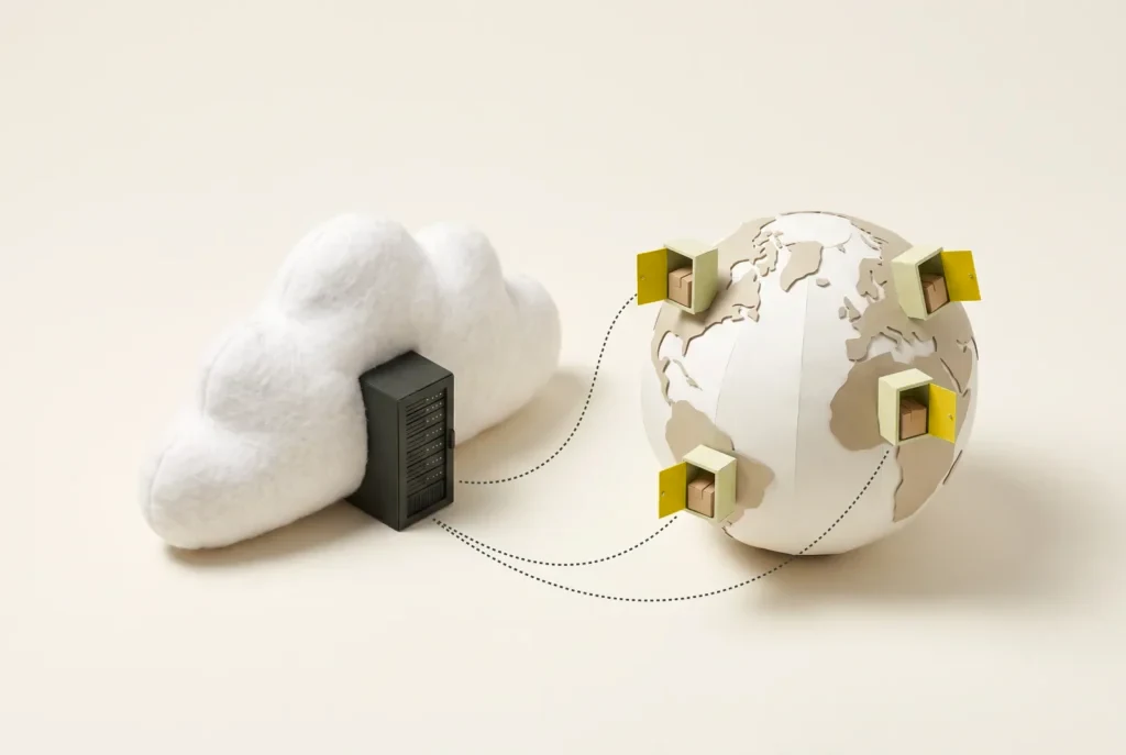 A small server cabinet next to a felt cloud, linked by dotted lines to lime lockers on a paper globe, each holding the same parcel