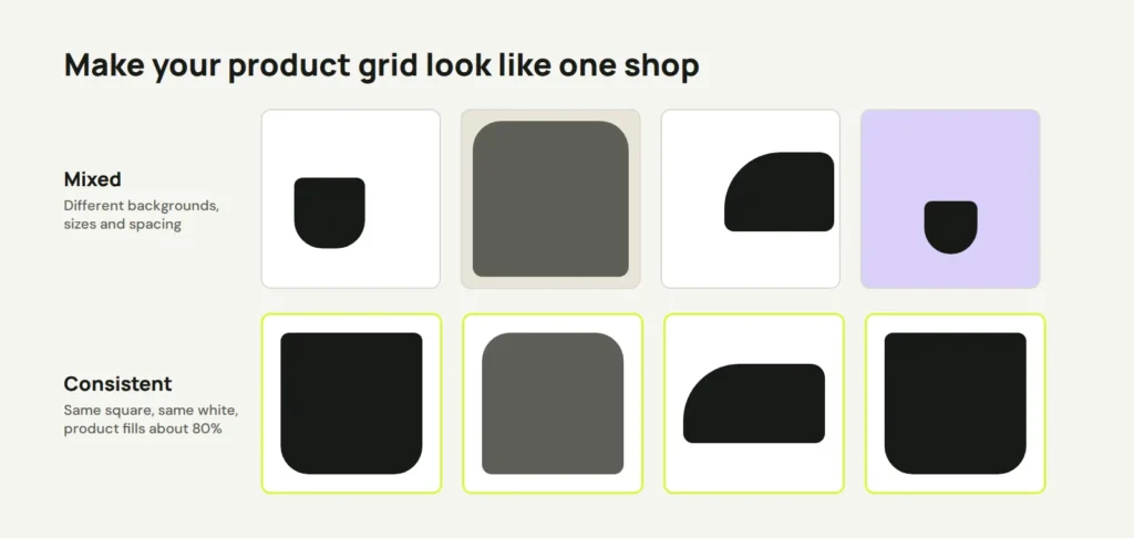 Two rows of product tiles. The top row has mixed backgrounds, sizes and positions. The bottom row has the same white square and product size in every tile.