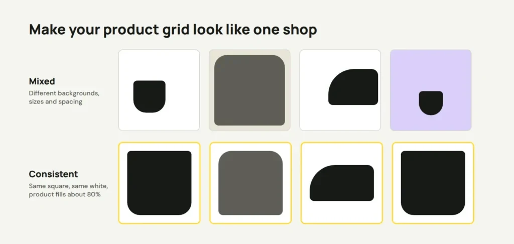 Two rows of product tiles. The top row has mixed backgrounds, sizes and positions. The bottom row has the same white square and product size in every tile.