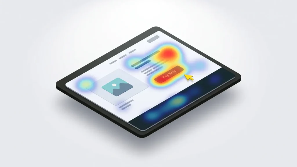 A product web page with a warm heatmap glow over its most-clicked button