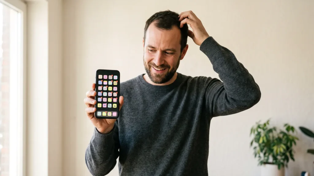 A puzzled man scratching his head while holding up a phone crowded with app icons and notification badges