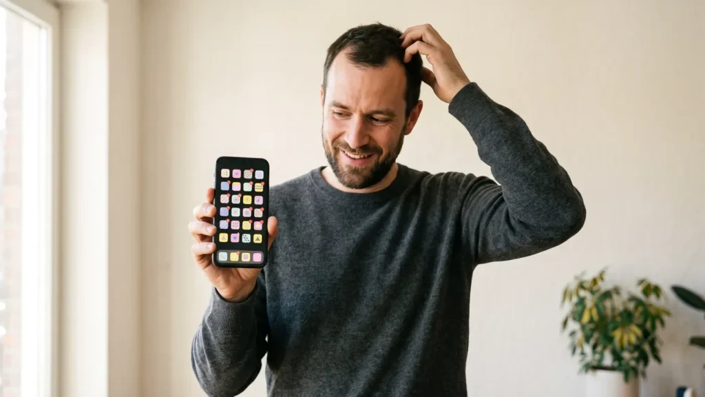 A puzzled man scratching his head while holding up a phone crowded with app icons and notification badges