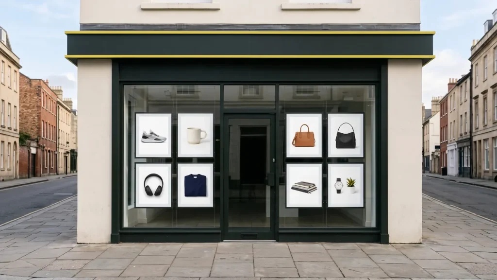 A shop front whose windows show large framed product photos on white backgrounds instead of real products