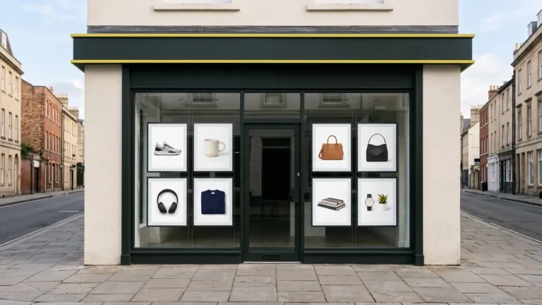 A shop front whose windows show large framed product photos on white backgrounds instead of real products