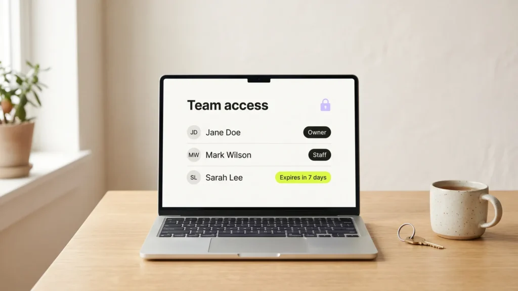 A laptop on an oak desk showing a Team access screen with an owner, a staff member and a developer whose access expires in 7 days