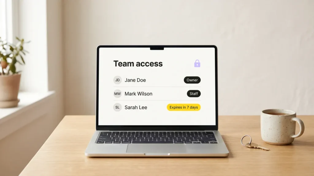 A laptop on an oak desk showing a Team access screen with an owner, a staff member and a developer whose access expires in 7 days