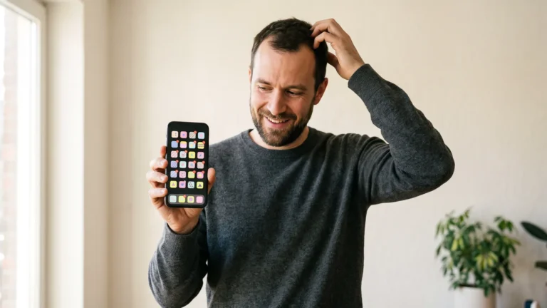 A puzzled man scratching his head while holding up a phone crowded with app icons and notification badges