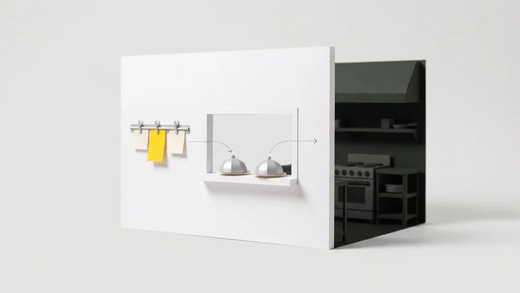 A paper model of a restaurant service window with order tickets on a rail, covered plates on the ledge and a dark kitchen behind the wall