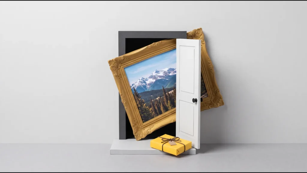 A huge gold picture frame stuck in a narrow front door, with a small yellow parcel waiting on the doorstep