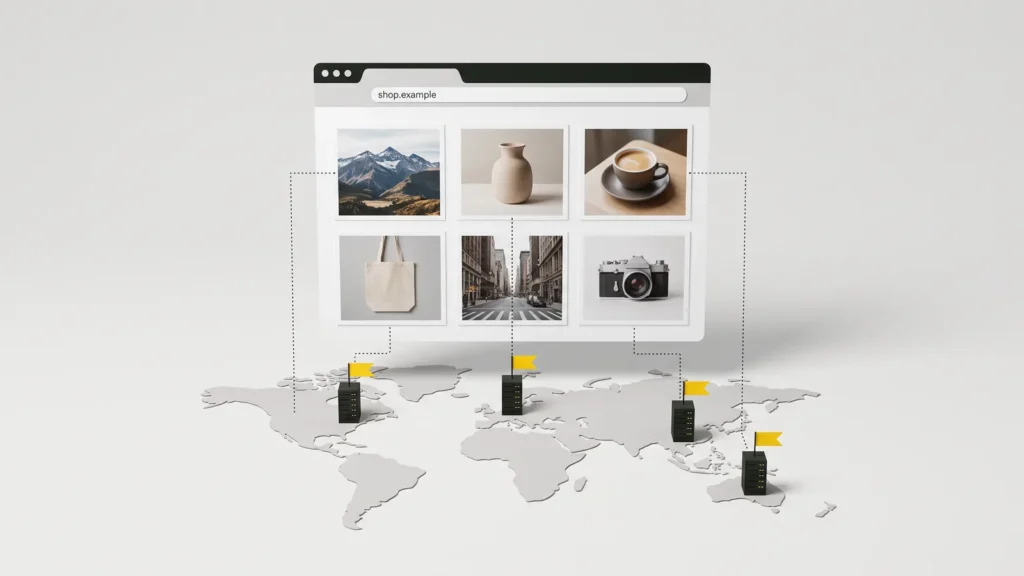 A browser window showing six photos, with dotted lines linking each photo to a different data centre on a world map: North America, Europe, Asia and Australia