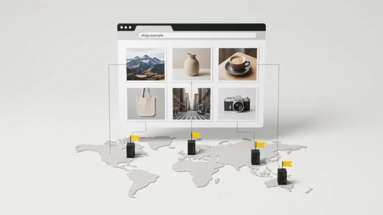 A browser window showing six photos, with dotted lines linking each photo to a different data centre on a world map: North America, Europe, Asia and Australia