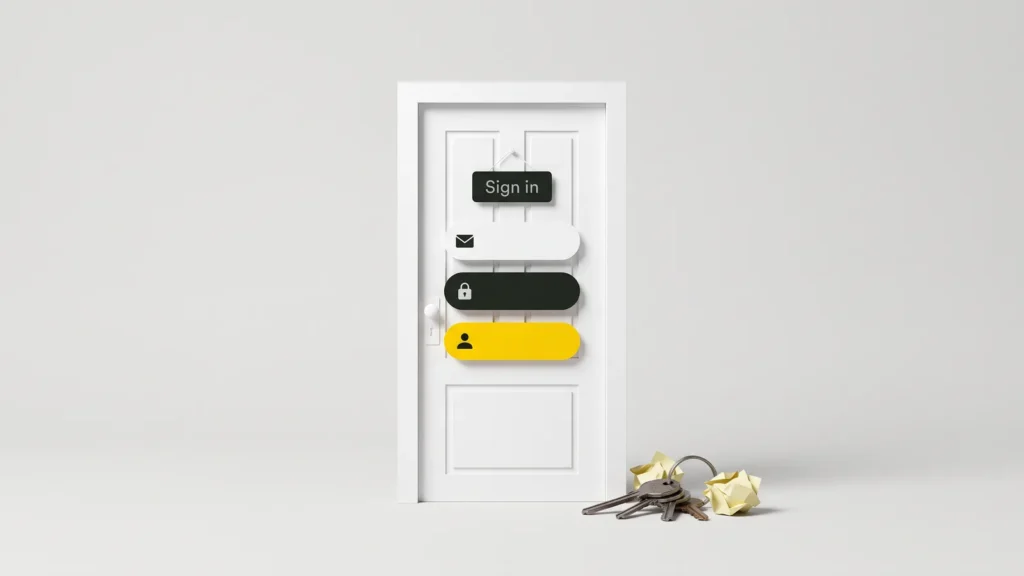 A paper model of a white door with a Sign in sign and three pill-shaped sign-in buttons, and old keys and crumpled notes on the floor
