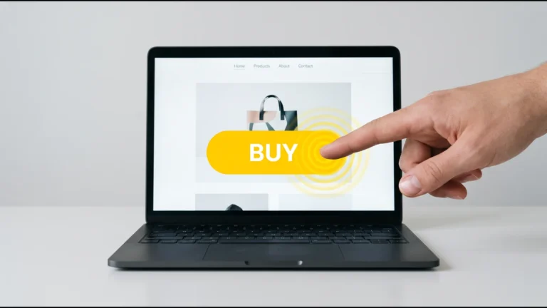 A fingertip tapping a big yellow Buy button on a touchscreen laptop, next to tiny menu links at the top of the page