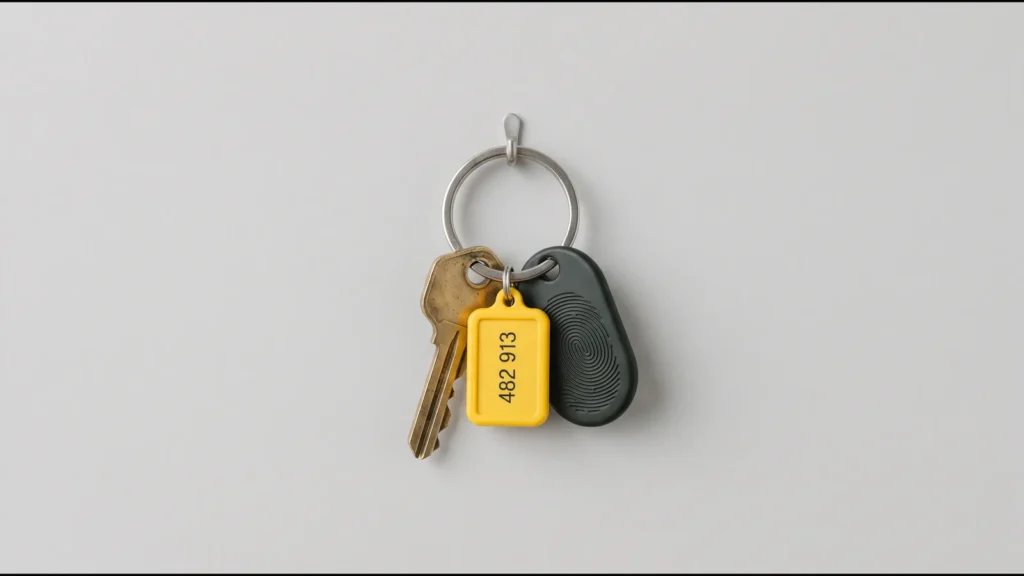 A key ring with a brass key, a yellow tag showing a six-digit code and a dark fob with a fingerprint, hanging on a grey wall