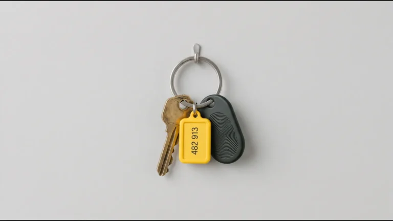A key ring with a brass key, a yellow tag showing a six-digit code and a dark fob with a fingerprint, hanging on a grey wall