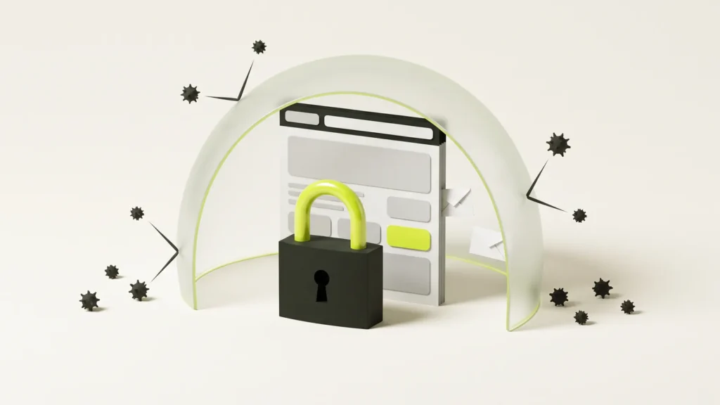 A padlock with a lime shackle in front of a website, under a glass shield that bounces off spiky attacks while envelopes pass through