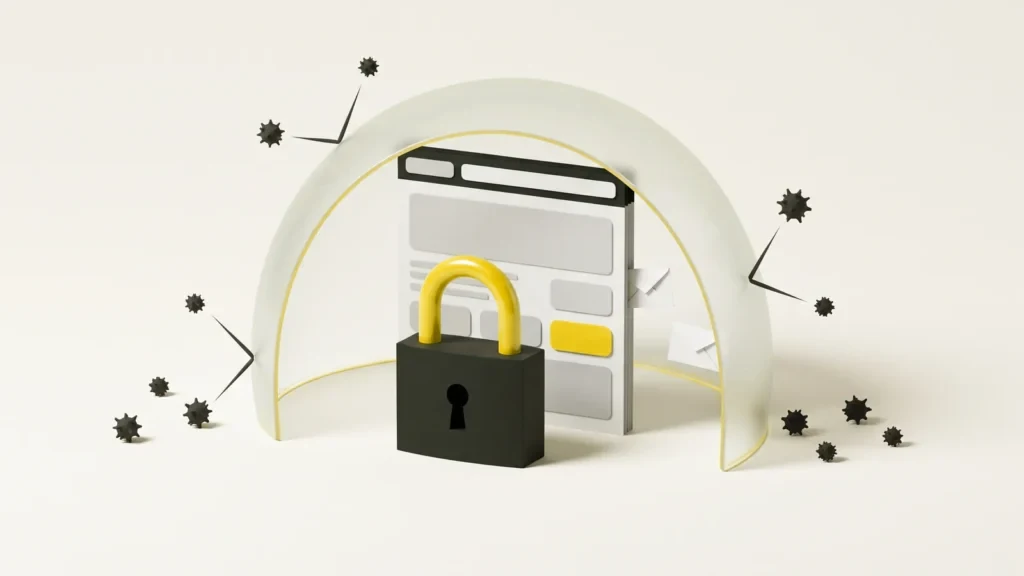 A padlock with a lime shackle in front of a website, under a glass shield that bounces off spiky attacks while envelopes pass through