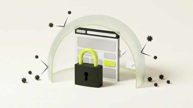 A padlock with a lime shackle in front of a website, under a glass shield that bounces off spiky attacks while envelopes pass through