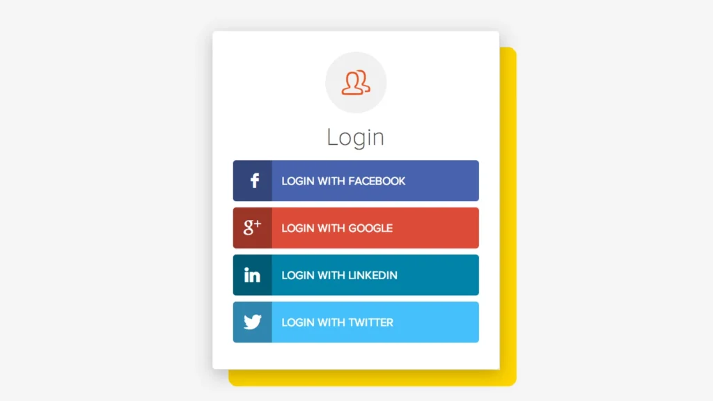 A login box with four buttons: Login with Facebook, Login with Google, Login with LinkedIn and Login with Twitter, on a grey background with a yellow block behind it