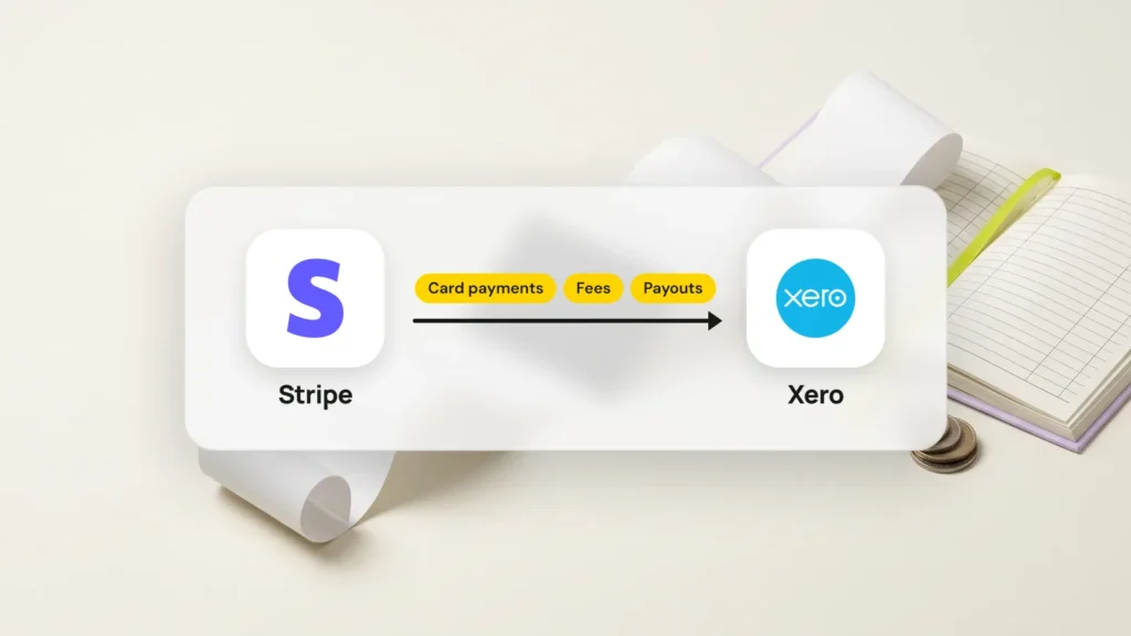 Stripe and Xero logos joined by an arrow labelled card payments, fees and payouts, over a photo of a receipt roll and a ledger