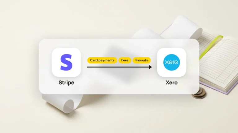 Stripe and Xero logos joined by an arrow labelled card payments, fees and payouts, over a photo of a receipt roll and a ledger