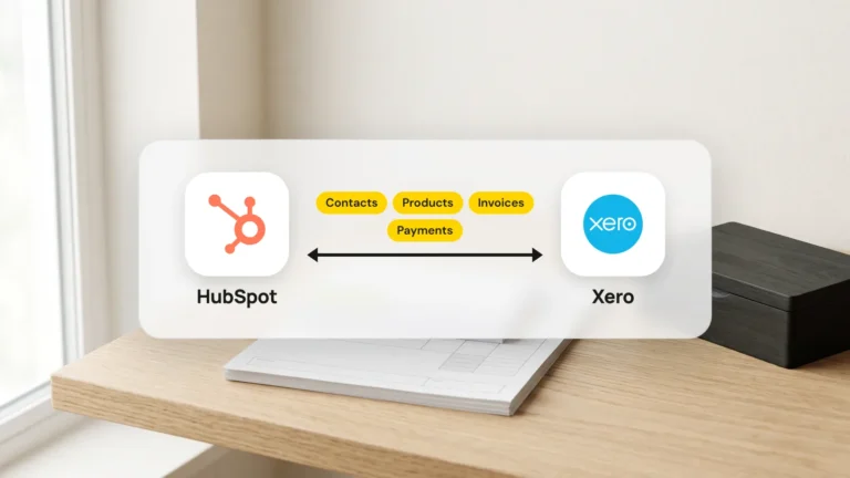 HubSpot and Xero logos joined by a two-way arrow labelled contacts, products, invoices and payments, over a photo of a desk