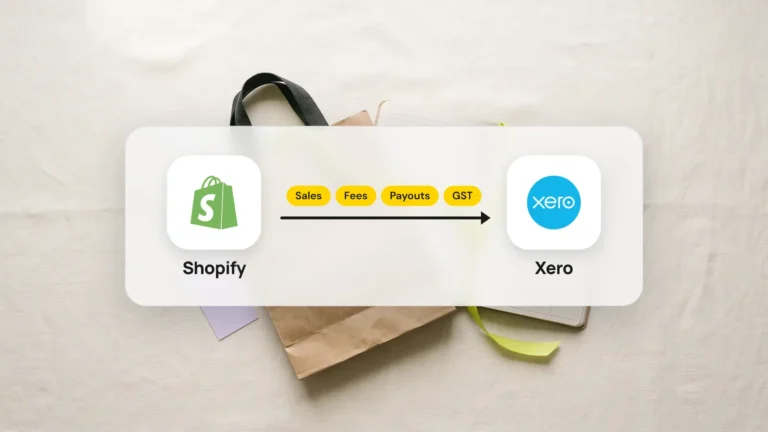 Shopify and Xero logos joined by an arrow labelled sales, fees, payouts and GST, over a photo of a shopping bag and a notebook