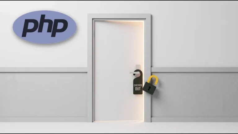 The PHP logo beside a hotel door marked checked out, left ajar with an open padlock on the handle