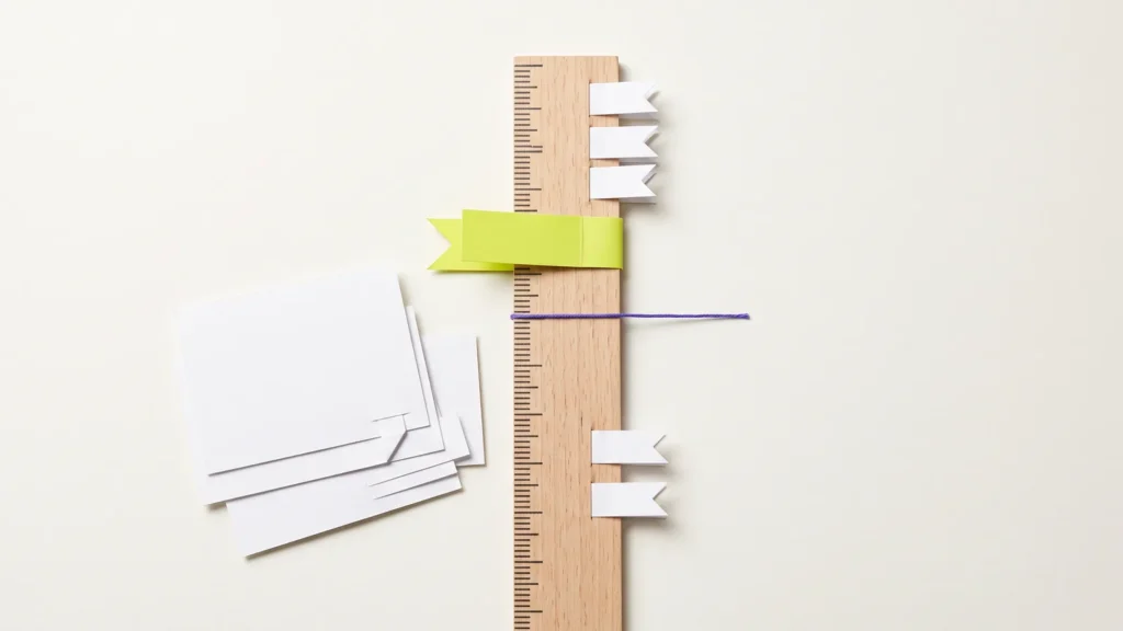 A wooden ruler with small paper flags clipped along it, three stacked at the top, one big lime flag below them and two waiting near the bottom
