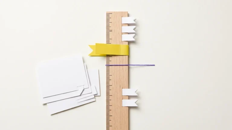 A wooden ruler with small paper flags clipped along it, three stacked at the top, one big lime flag below them and two waiting near the bottom