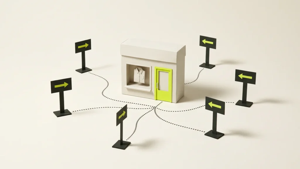 Paper signposts around a small shop, all pointing to its one lime-green door