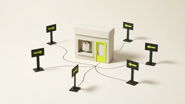Paper signposts around a small shop, all pointing to its one lime-green door