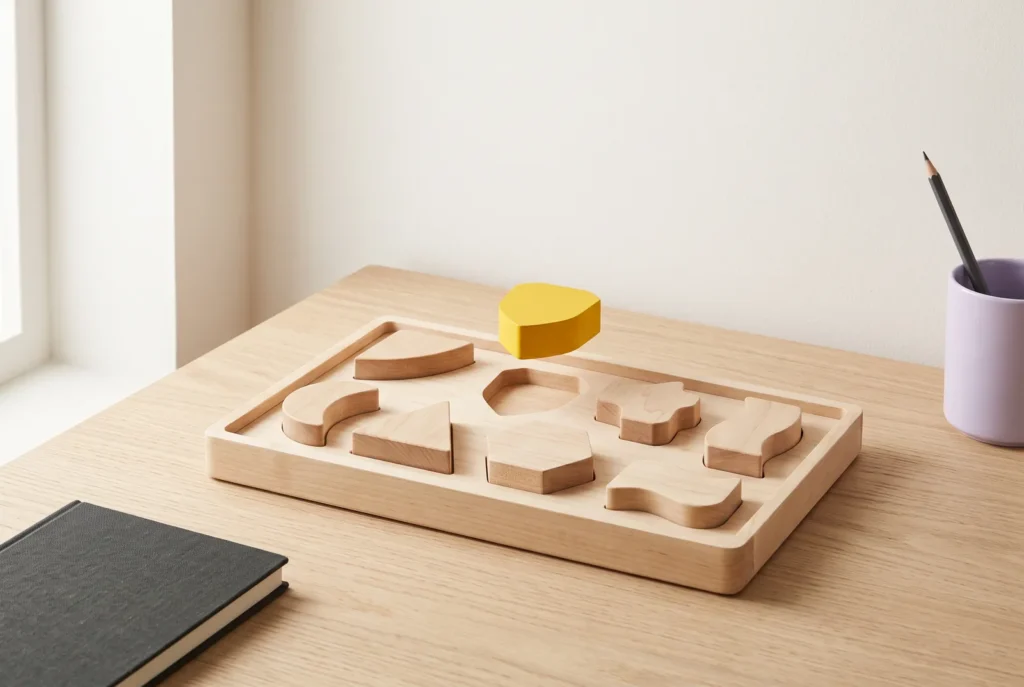 A wooden tray with blocks in unusual shapes, and one yellow block fitting its own custom hole