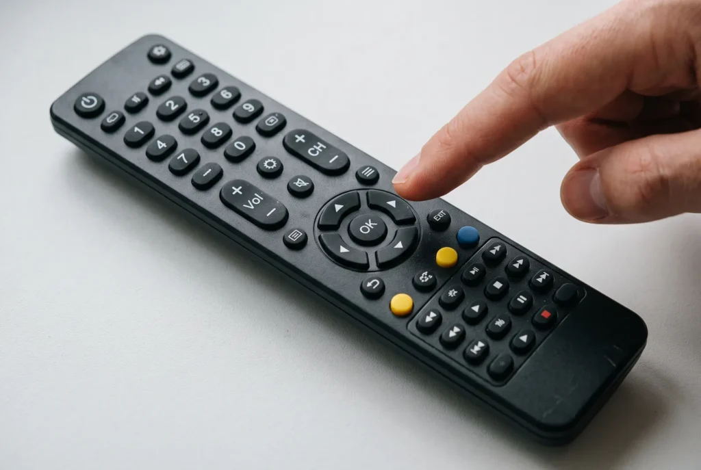 A finger about to press a TV remote crowded with small buttons, unsure which one to hit