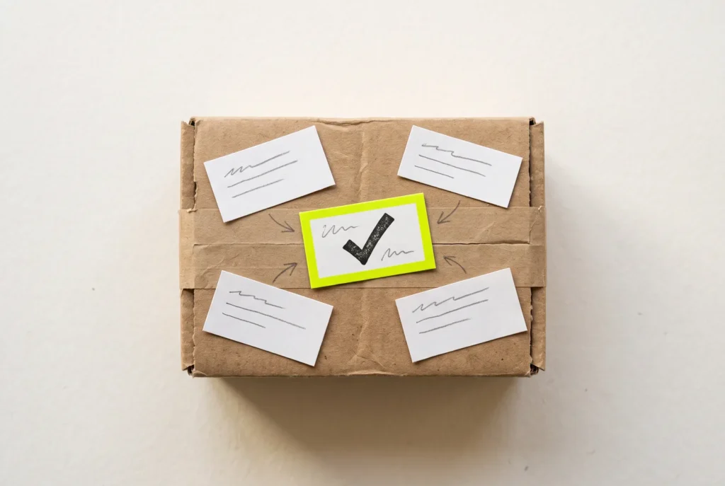 A cardboard parcel with four plain address labels and one lime-bordered label with a tick, with arrows pointing to it