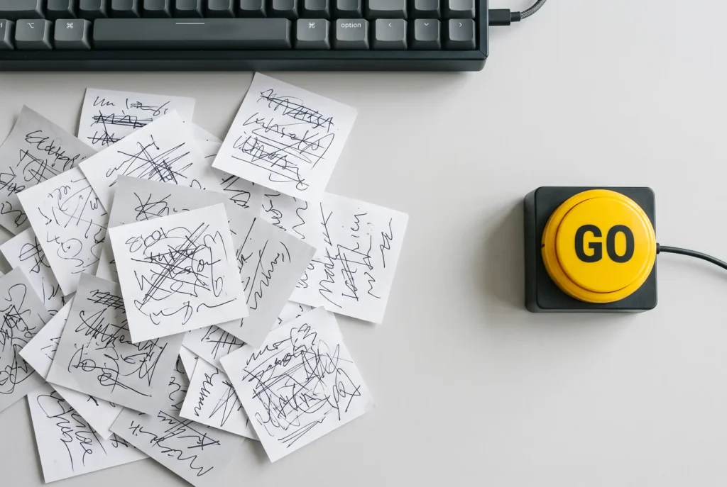 A messy pile of scribbled sticky notes next to a keyboard, and a big yellow button that says GO