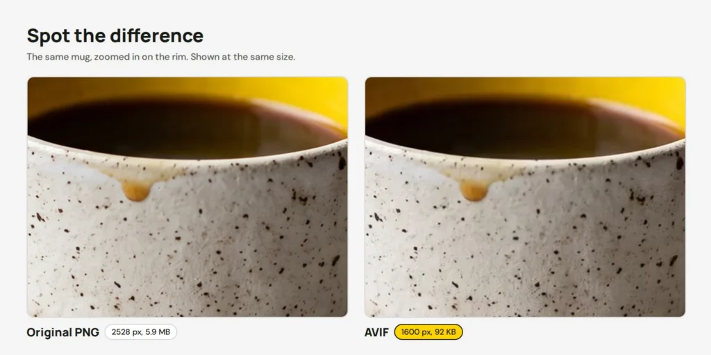 Two zoomed crops of a speckled mug rim side by side, the original PNG and the AVIF, looking the same