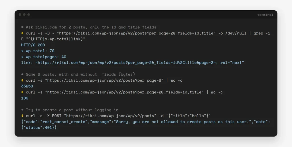 Terminal: curl calls to the riksi.com WordPress API showing pagination headers, a 35,258-byte reply shrinking to 189 bytes with _fields, and a 401 error for an unauthorised POST