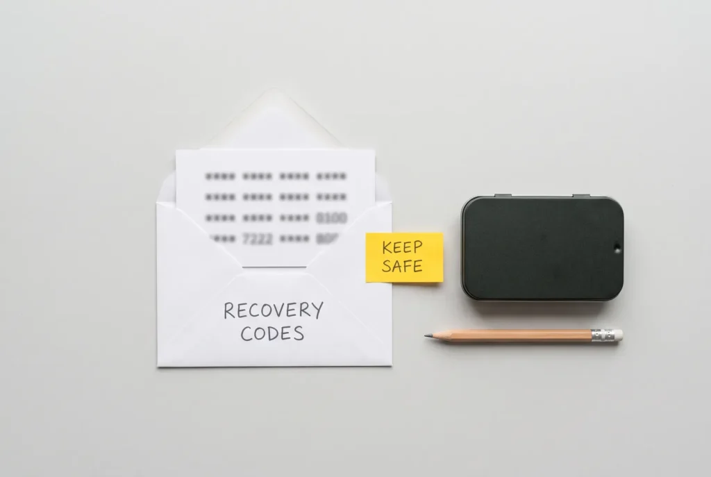 An envelope marked RECOVERY CODES with a printed card of codes, a KEEP SAFE note and a small tin box