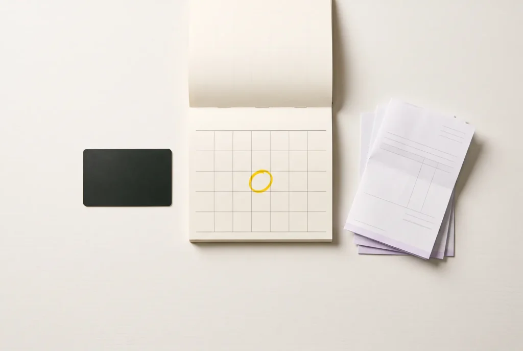 A calendar page with one day circled in yellow, next to a bank card and a small stack of invoices