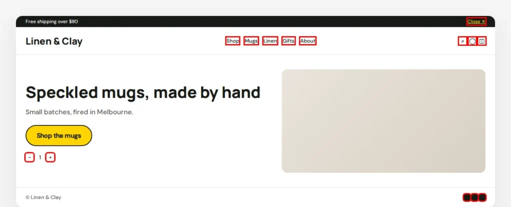 A shop header where the nav links, small icons, quantity buttons and social icons are outlined in red as too small